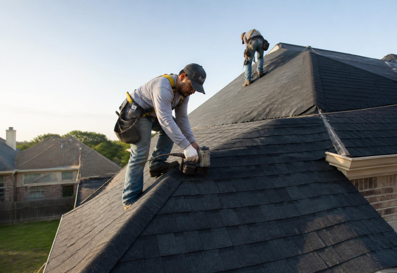 Roofing crew working on a residential roof in Houston, Texas