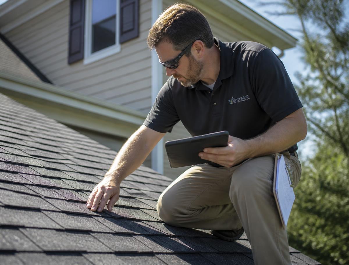 Roofing professional inspecting shingles on a Houston residential roof